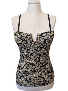 Vintage Y2K Black Daisy Floral Tankini Tank Top V-Neck Gold Accent Retro Beach S